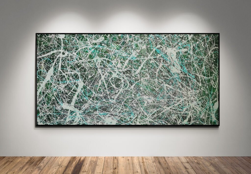 A green Jackson Pollock-style abstract artwork titled 'Number 35' displayed in a minimalist art gallery with spotlights enhancing its vibrant texture