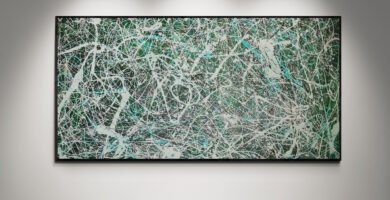 A green Jackson Pollock-style abstract artwork titled 'Number 35' displayed in a minimalist art gallery with spotlights enhancing its vibrant texture