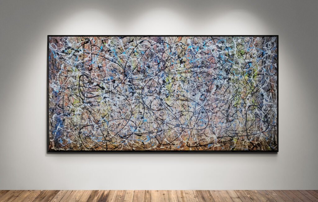 Jackson Pollock Style Metallic Colors Abstract artwork with bold linear and splatter elements in earthy tones, showcased in a modern gallery setting