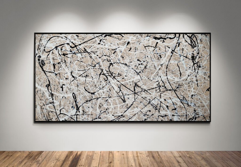 Number 4 – Jackson Pollock Style Soft Sand Abstract Canvas, featuring black and white splashes on a neutral sand background