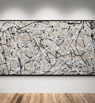 Number 4 – Jackson Pollock Style Soft Sand Abstract Canvas, featuring black and white splashes on a neutral sand background