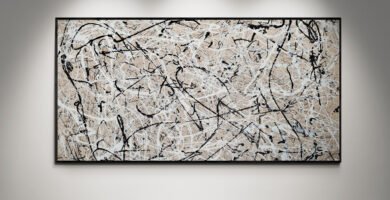 Number 4 – Jackson Pollock Style Soft Sand Abstract Canvas, featuring black and white splashes on a neutral sand background