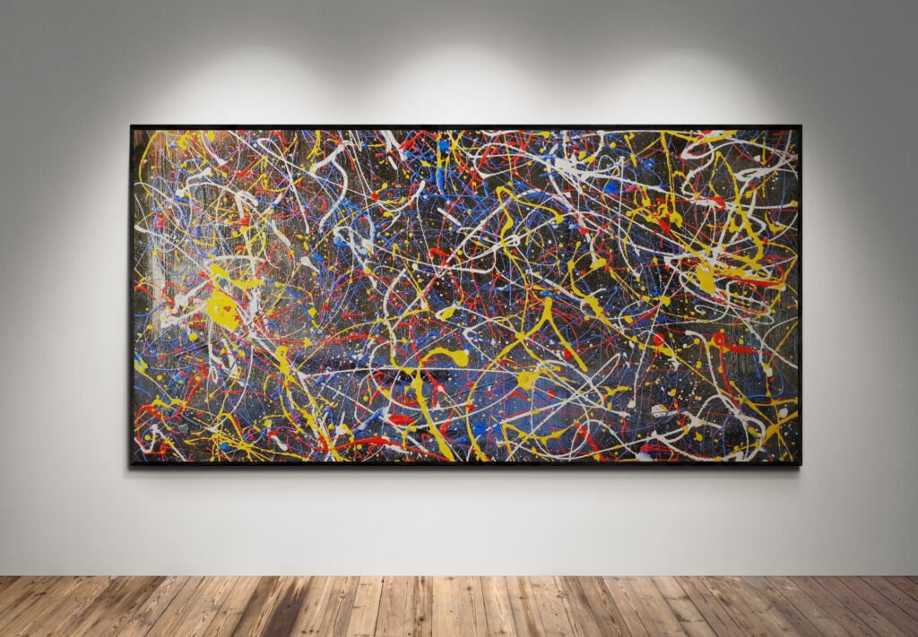 Number 45 – Abstract painting with intense splashes of red, yellow, blue, and white in a Jackson Pollock style, displayed in a gallery setting with a wooden floor