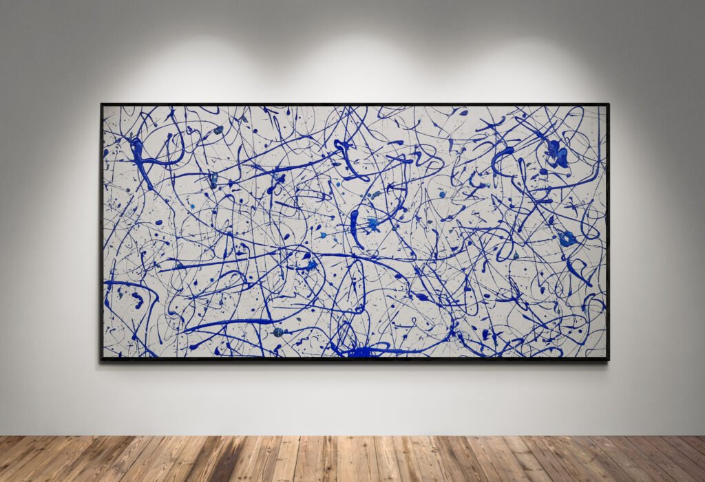 Jackson Pollock Style Abstract Artwork "Number 5" in vibrant blue and pearl tones, perfect for modern interiors