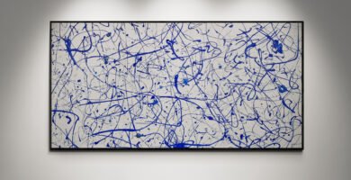 Jackson Pollock Style Abstract Artwork "Number 5" in vibrant blue and pearl tones, perfect for modern interiors