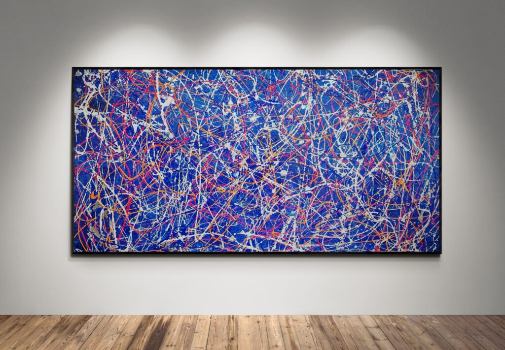 Abstract painting 'Number 52' with bold blue and red strokes, illuminated on a gallery wall with a wooden floor