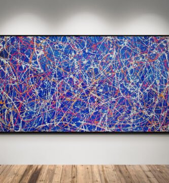 Abstract painting 'Number 52' with bold blue and red strokes, illuminated on a gallery wall with a wooden floor