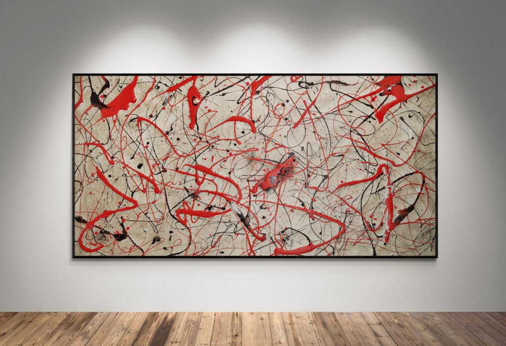 Front view of the 'Number 72' artwork, showcasing its dynamic metallic style with bold red and black paint splatters on a neutral background, displayed in a minimalist art gallery with wooden floors