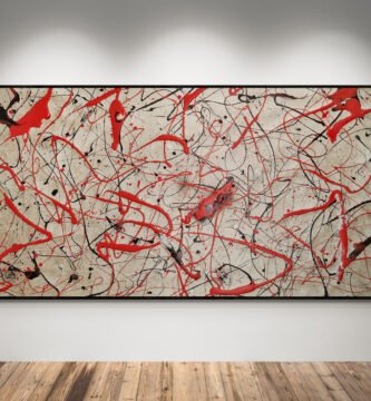 Front view of the 'Number 72' artwork, showcasing its dynamic metallic style with bold red and black paint splatters on a neutral background, displayed in a minimalist art gallery with wooden floors