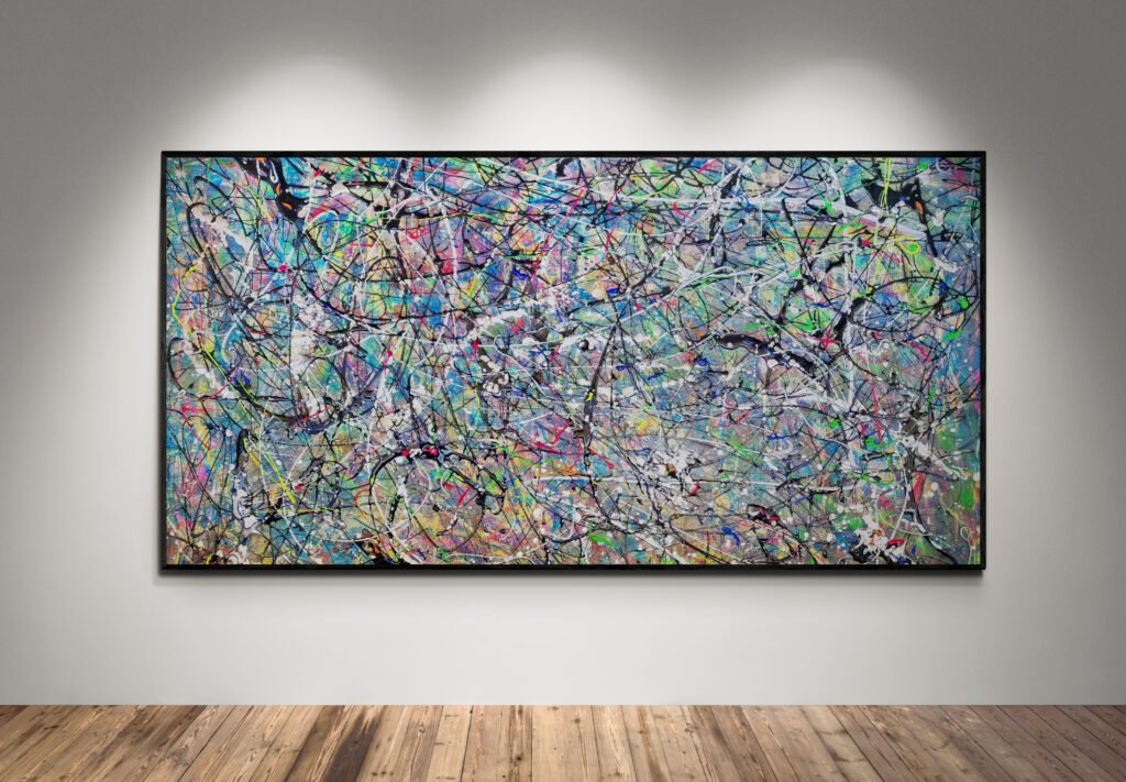 Number 90 - Vibrant Artwork Displayed in a Minimalist Gallery: A colorful abstract canvas with chaotic patterns of vibrant hues, reminiscent of Jackson Pollock's style, illuminated by spotlights on a gallery wall with wooden flooring