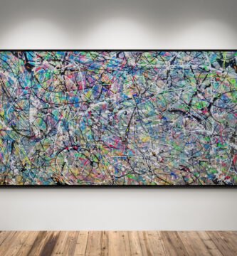 Number 90 - Vibrant Artwork Displayed in a Minimalist Gallery: A colorful abstract canvas with chaotic patterns of vibrant hues, reminiscent of Jackson Pollock's style, illuminated by spotlights on a gallery wall with wooden flooring