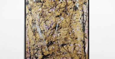 Framed abstract canvas art 'Purplegold' featuring intricate gold textures and metallic splatter, displayed in a minimalistic gallery setting