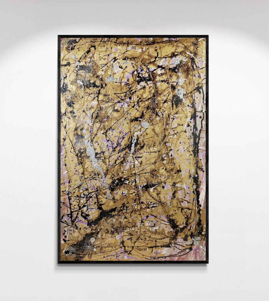 Elegant Jackson Pollock Style abstract artwork with gold and purple tones, highlighted by splattered black and silver accents, showcasing luxury and depth