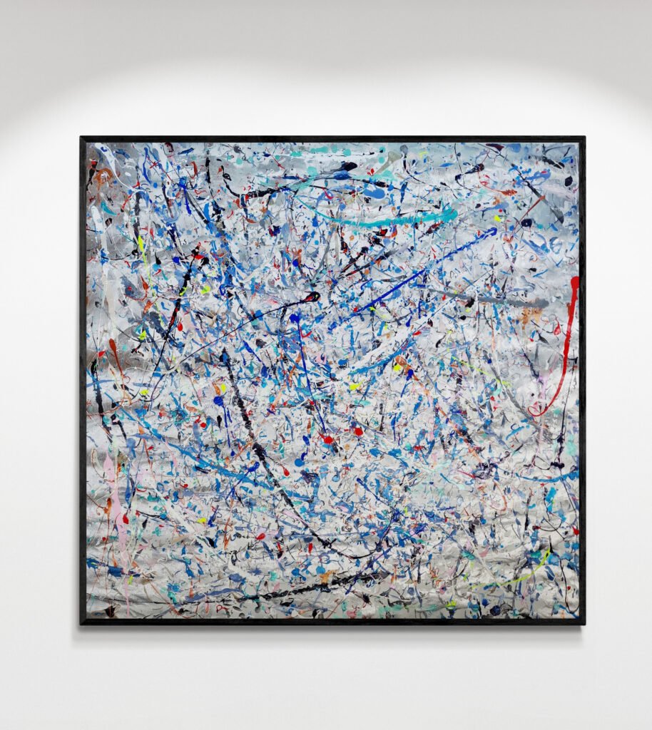 Abstract artwork Jackson Pollock Style 'Silveresk' with metallic silver and textured patterns, showcasing dynamic abstract strokes on canvas