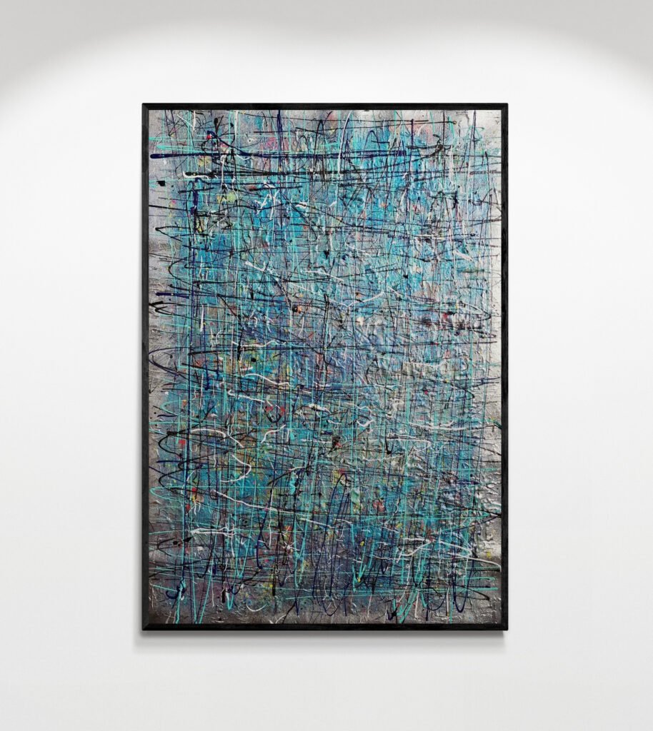 Snowkrom: Exclusive Jackson Pollock Style Canvas featuring intricate drip and splatter acrylic artwork, mounted on a minimalist gallery wall