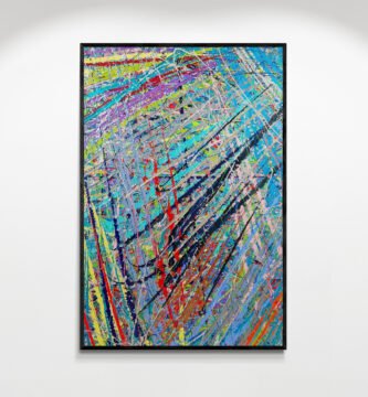 Storm abstract canvas featuring vibrant splashes of color in a Pollock-inspired style, displayed on a plain white wall in an art gallery setting