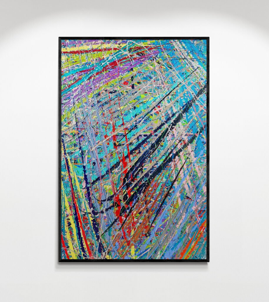 Storm abstract canvas featuring vibrant splashes of color in a Pollock-inspired style, displayed on a plain white wall in an art gallery setting