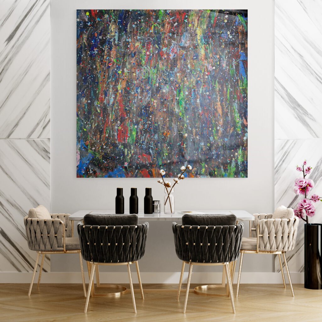 Krain painting featured in a stylish dining room with marble walls and gold-accented chairs, complementing the room's elegant and artistic vibe