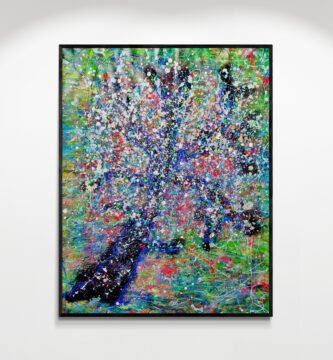 Treek: Unique Jackson Pollock Style Tree Art in Vibrant Green and Blue Tones displayed on a white gallery wall