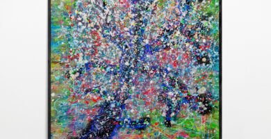 Treek: Unique Jackson Pollock Style Tree Art in Vibrant Green and Blue Tones displayed on a white gallery wall