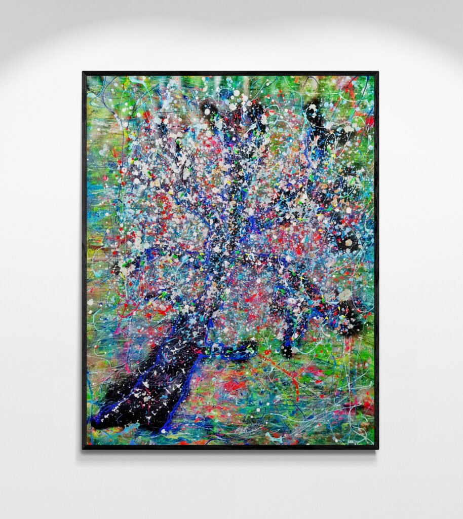 Treek: Unique Jackson Pollock Style Tree Art in Vibrant Green and Blue Tones displayed on a white gallery wall