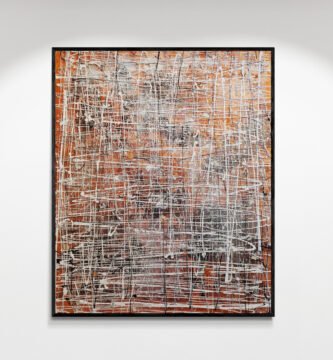 A Jackson Pollock-inspired metallic abstract masterpiece in a frame, featuring intricate layers of orange, white, and gray textures