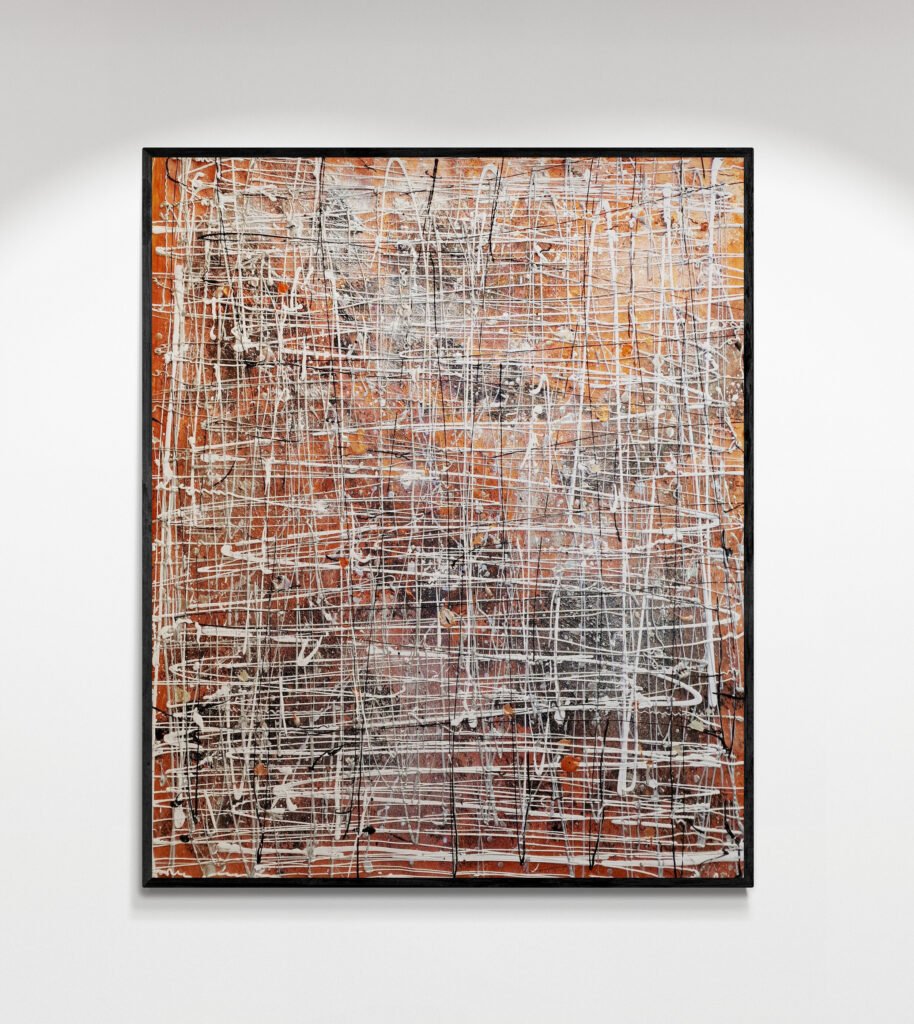 A Jackson Pollock-inspired metallic abstract masterpiece in a frame, featuring intricate layers of orange, white, and gray textures