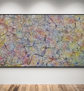 Number 199 abstract canvas displayed on a modern gallery wall, showcasing vibrant multicolor gradients and Pollock-inspired design