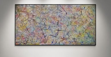 Number 199 abstract canvas displayed on a modern gallery wall, showcasing vibrant multicolor gradients and Pollock-inspired design