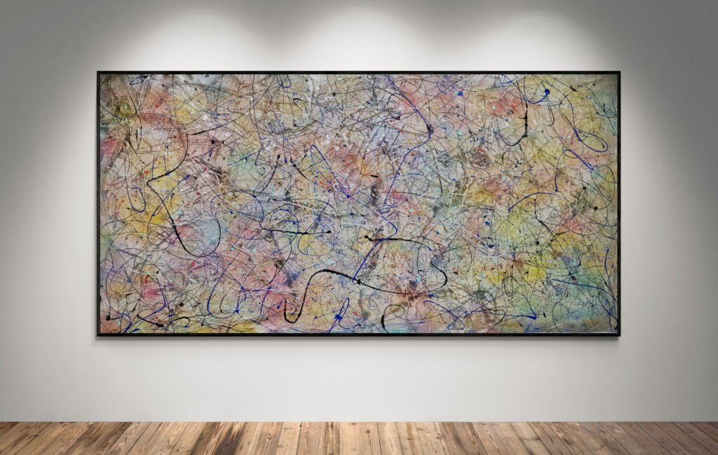 Jackson Pollock Style Large abstract canvas with multycolored tones and layered line details, displayed on a gallery wall with wooden flooring