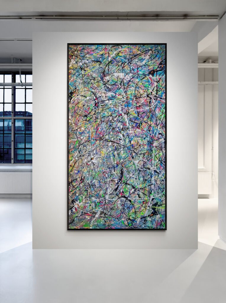 Number 90 - Colorful Canvas in a Modern Art Gallery: A tall, vibrant painting inspired by Jackson Pollock's style, displayed prominently in a modern gallery with minimalist white interiors and industrial-style windows