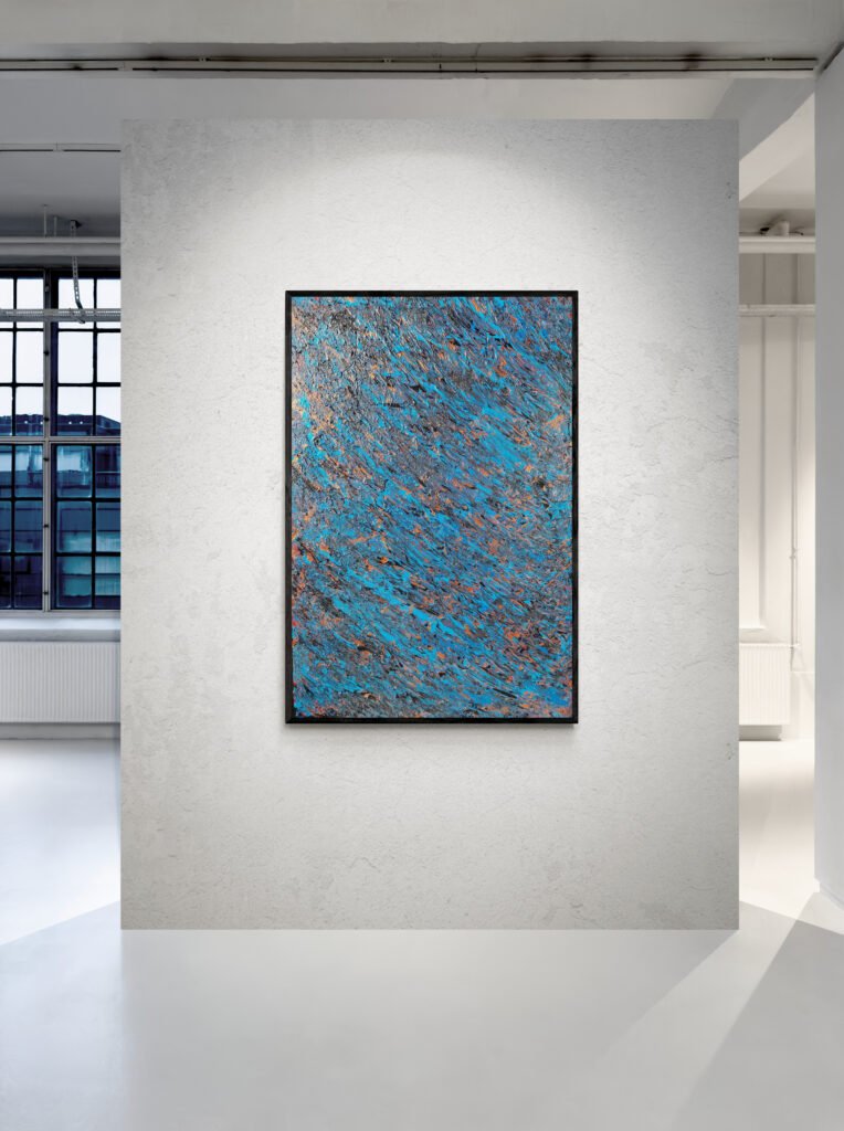 Kobalter abstract painting displayed in a bright, modern gallery space, emphasizing its textured cobalt blue, black, and copper strokes