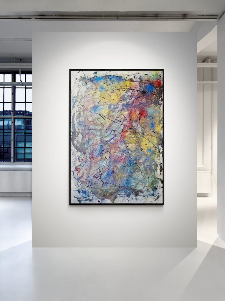 Mirok artwork displayed on a pristine white wall in a spacious gallery, highlighting its intricate abstract design