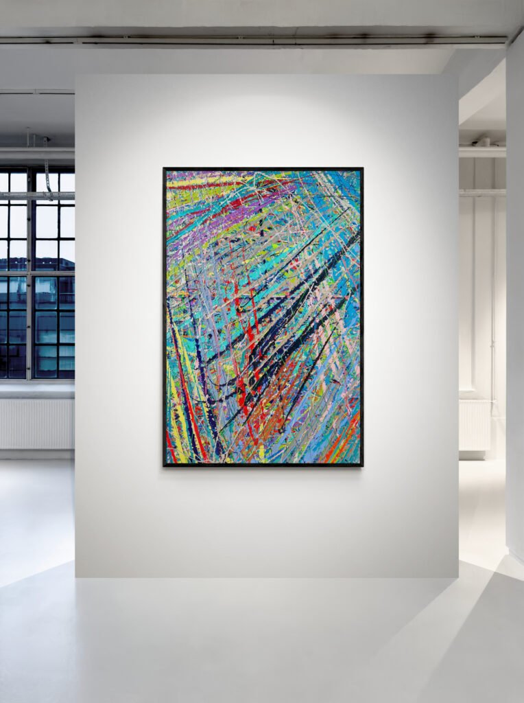 Storm Pollock-inspired colorful abstract painting, displayed on a white wall in an art gallery with a modern industrial design