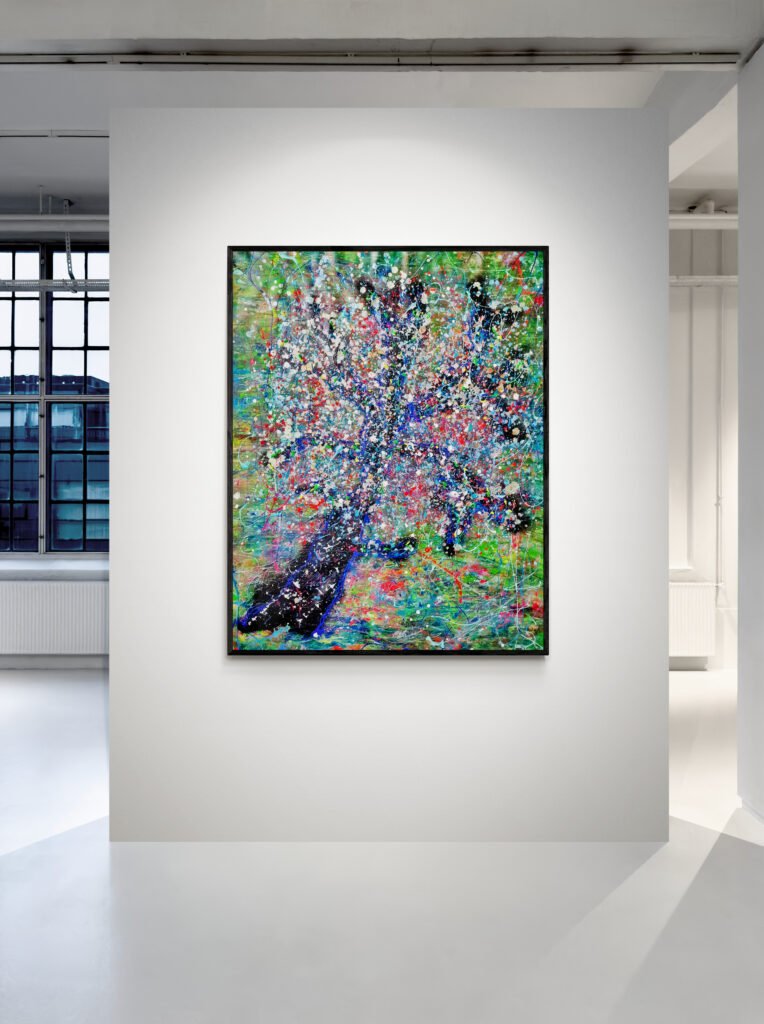 Treek: Unique Jackson Pollock Style Tree Art displayed in a bright and minimalist art gallery setting with natural light streaming in