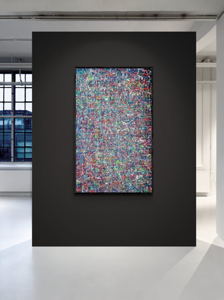 Kross painting displayed on a minimalist gallery wall, emphasizing its intricate dynamic lines and bold, vibrant colors