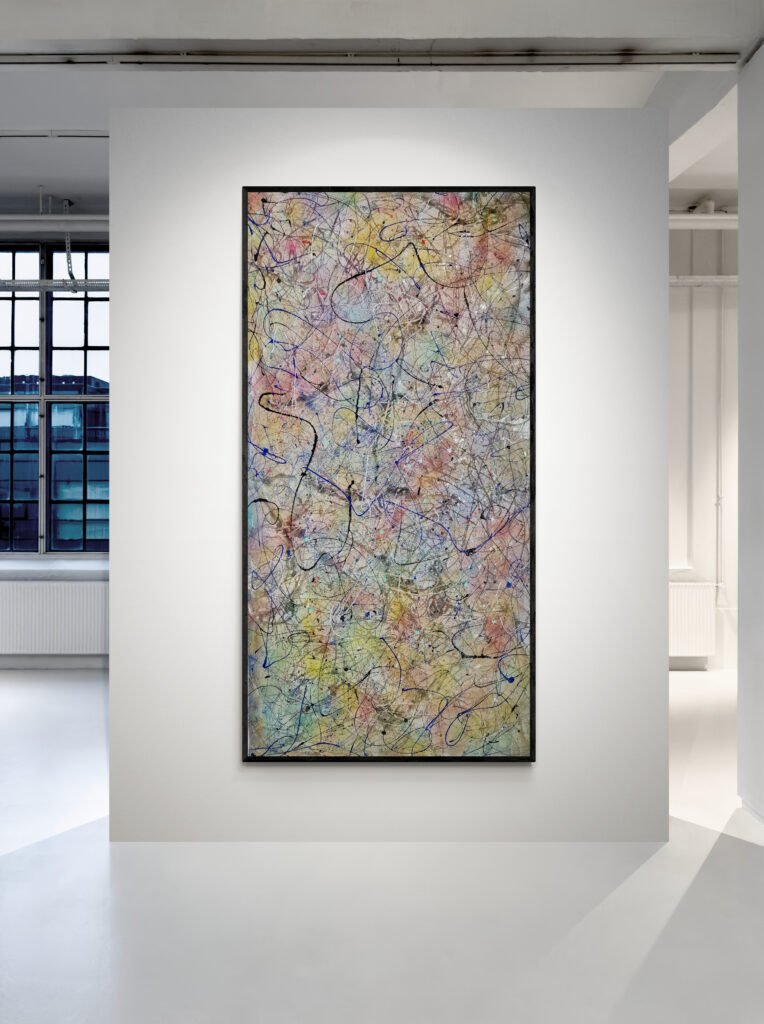 Number 199 displayed on a bright gallery wall, highlighting its dynamic multicolor gradients and textured abstract strokes