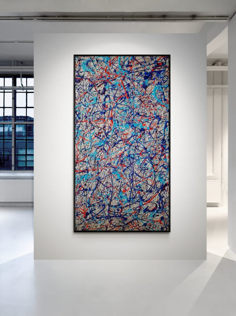 Number 21 – Martini Racing inspired abstract artwork displayed in a modern gallery with bright lighting and a minimalist design