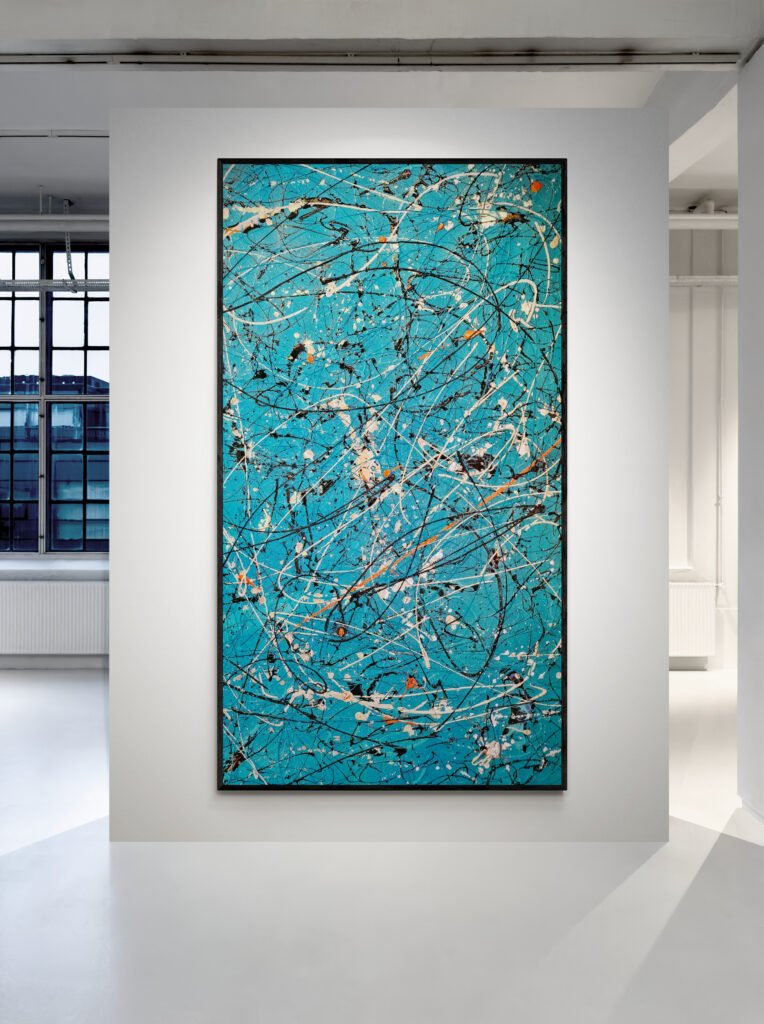 Number 26, Jackson Pollock Style Turquoise artwork, showcased in a minimalist art gallery with white walls and large windows