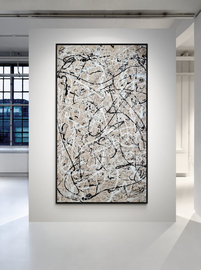 Number 4 – Vertical Soft Sand Jackson Pollock Style canvas displayed in a modern gallery space with natural light