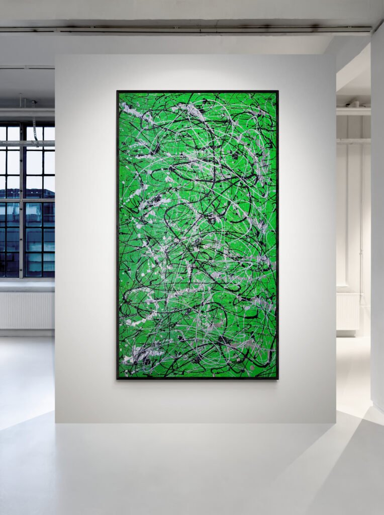 Number 18, vertical Jackson Pollock Style Green Abstract Canvas showcased in a bright art gallery with large windows