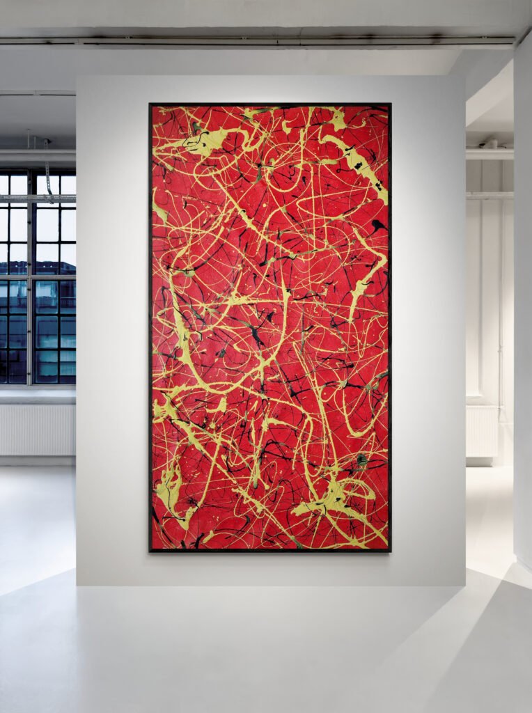 Jackson Pollock Style red and yellow abstract canvas, Number 13, showcased in an art gallery setting with minimalistic decor