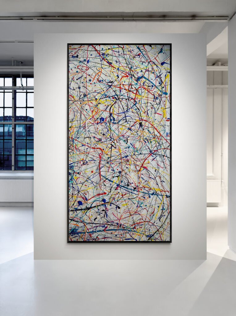 Abstract painting Number 23 in Jackson Pollock style displayed in a modern art gallery