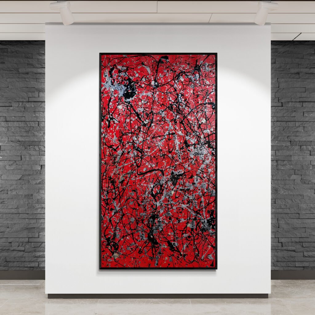 Number 12 red abstract canvas artwork displayed vertically in a contemporary gallery with a brick wall background and modern lighting