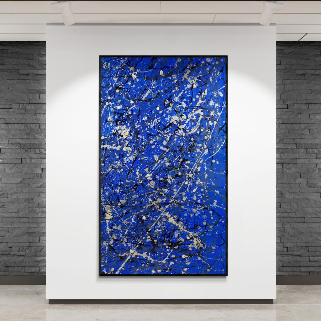 Jackson Pollock Style Blue canvas artwork 'Number 25' displayed in an art gallery with a brick wall background, emphasizing its modern sophistication