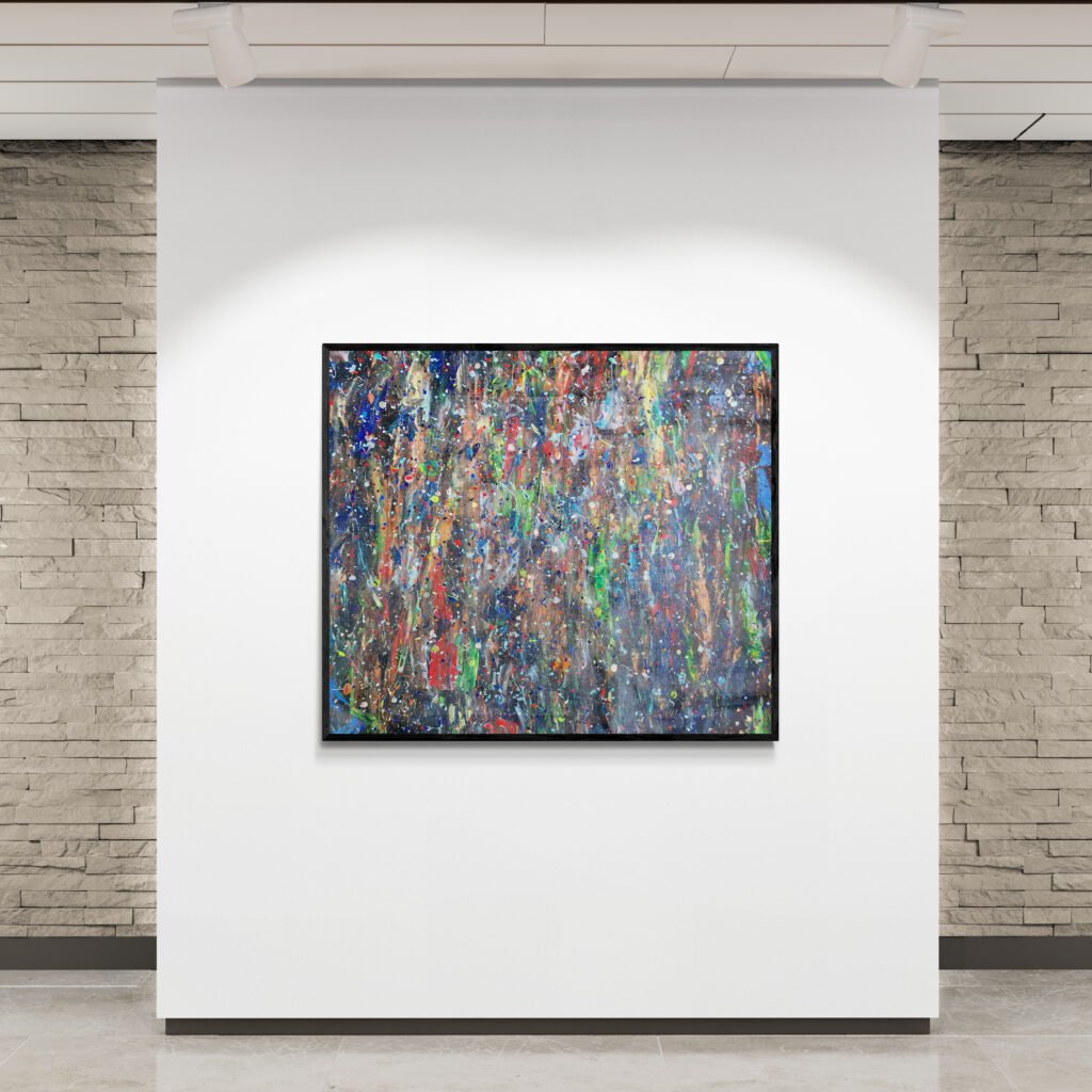 Krain - Jackson Pollock-style abstract canvas with vibrant colors and metallic details, displayed in a modern gallery space with a stone-textured wall, emphasizing its dynamic and layered design