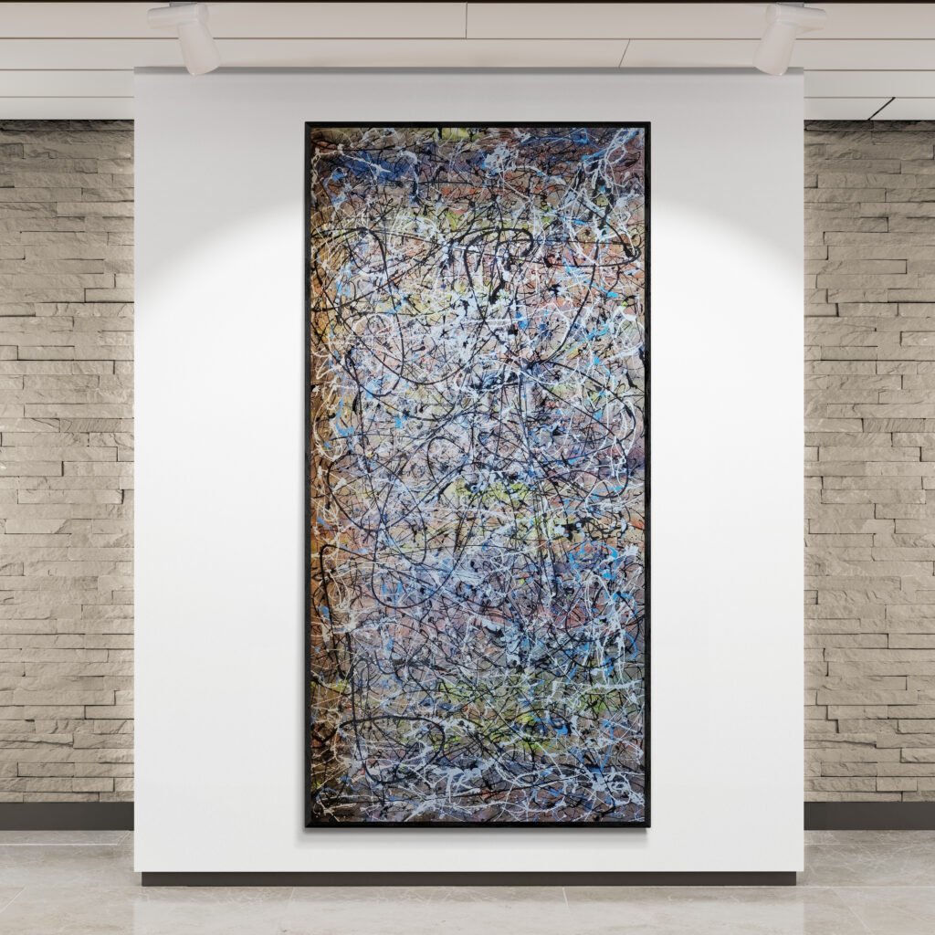 Number 136 - Large abstract artwork mounted on a brick wall, adding vibrant energy to a contemporary gallery space