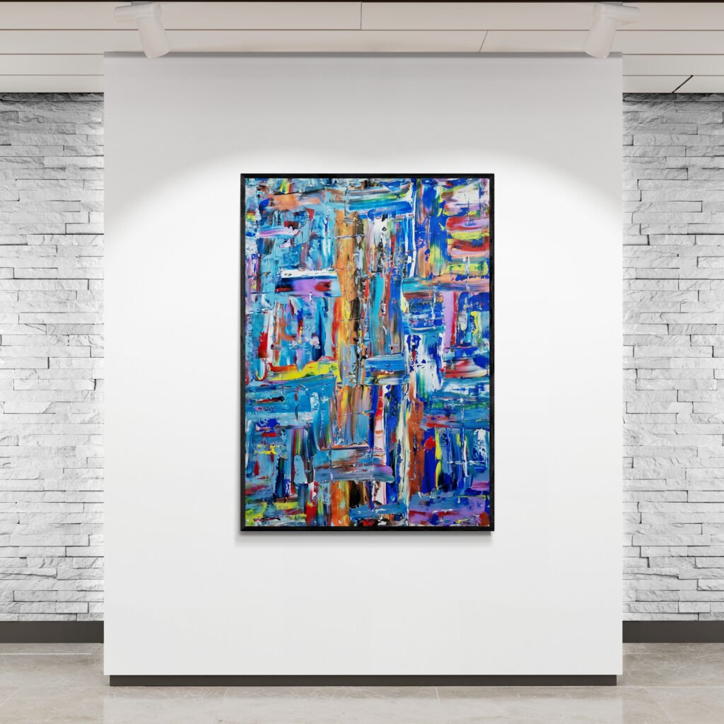 Kaled abstract painting showcased against a brick gallery wall, emphasizing its intricate palette knife strokes and vivid colors