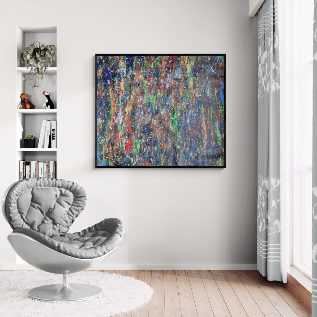 Krain Jackson Pollock-style artwork displayed in a bright living room with a modern chair, blending abstract creativity with clean interior design