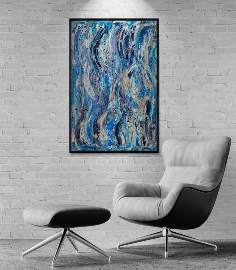 Atlantis abstract canvas decorating a modern living space with a comfortable armchair and footstool, blending style and comfort